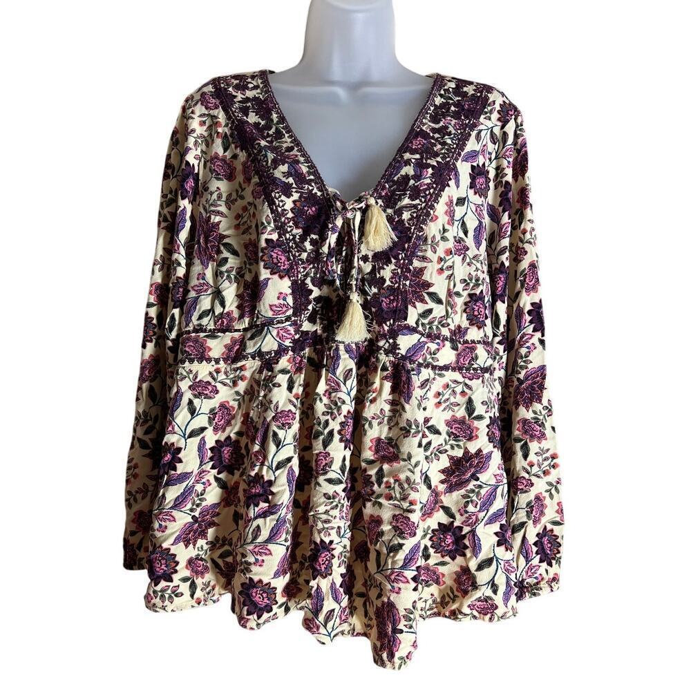 Torrid Womens Top Babydoll Crepe Boho Feminine Whimsy Lace Up Floral 1X - Picture 3 of 7